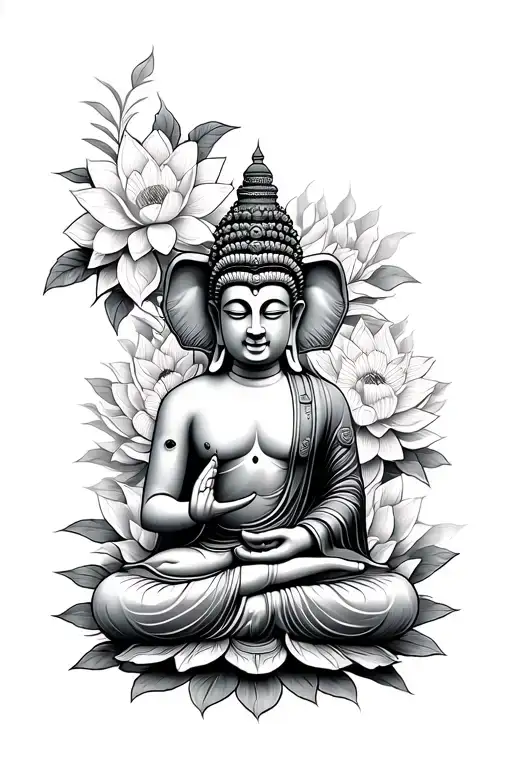 Laos Buddha With Elephant And Lotus Flower