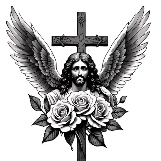 Roses And Jesus Cross With Wings Spread