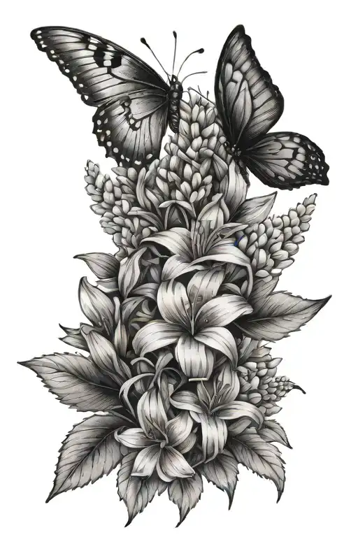 A Bouquet Of December And August Birth Flowers With Lilacs And A Butterfly Flying Next To It