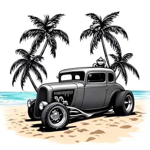 Hot Rod On Beach With Monkeys