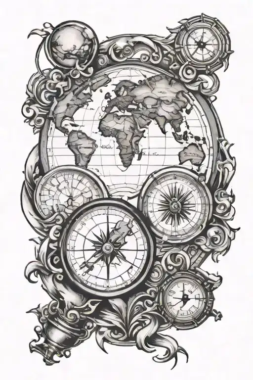 World Map And Compass And Hourglass
