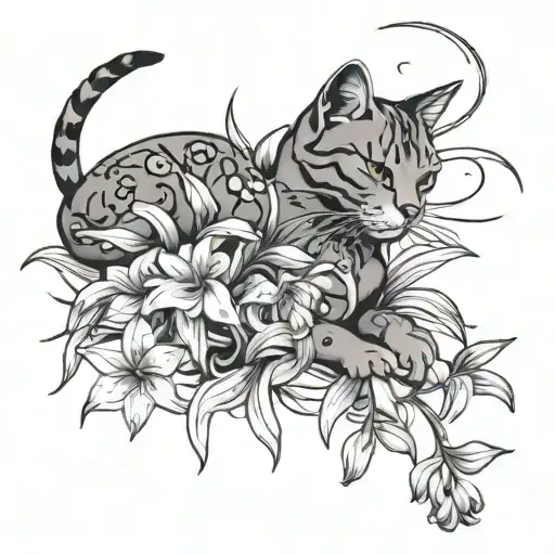 Bush Of Lillies And Cat Paw Prints Trailing