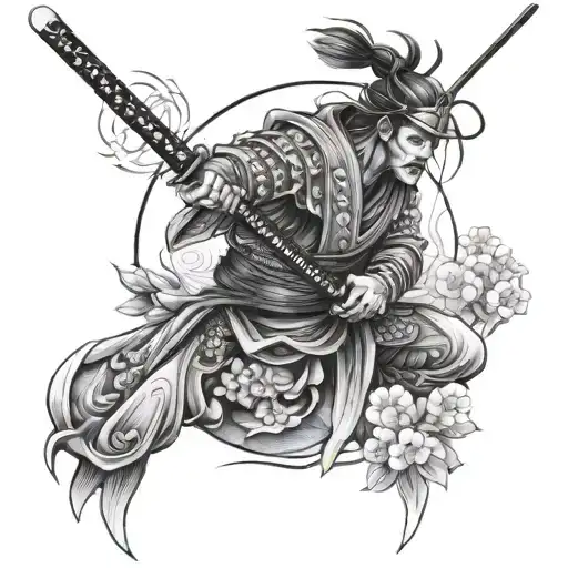 Create A Design Featuring A Samurai Warrior Surrounded By Delicate Flowers