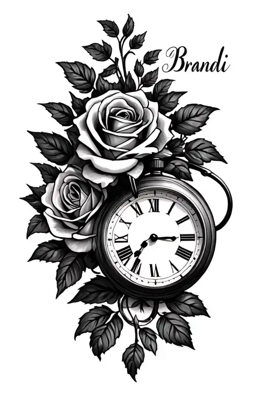 Cursive Writing With The Name Brandi With A Clock And A Rose