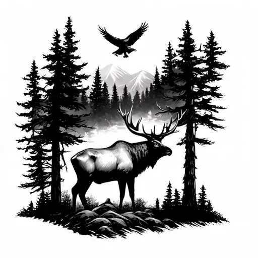 Elk And Trees With An Eagle In The Background