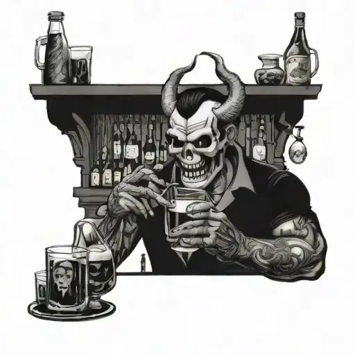 Create A Design Of A Demon Bartender Serving Drinks To Skulls At A Bar