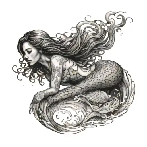 A Mermaid Swimming Up To The Surface Of The Water Where There Is A Woman There Watching Her