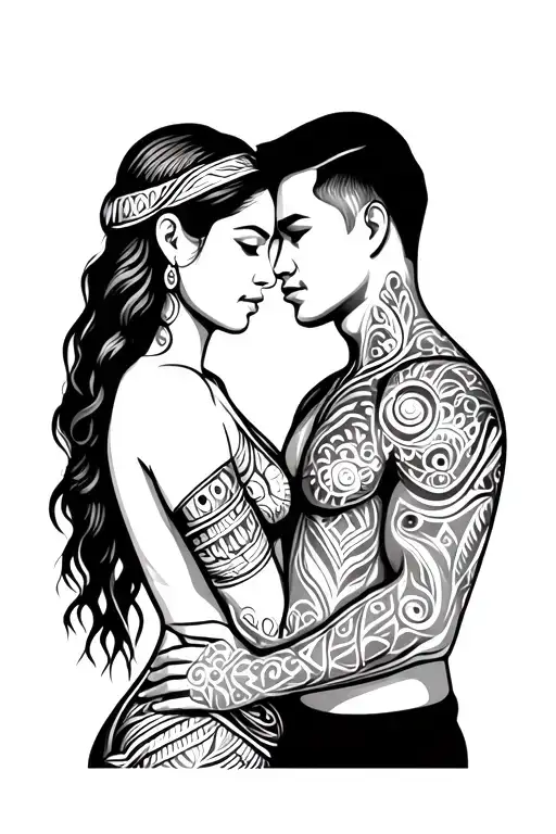 Man And Woman Embracing In Polynesian Tribal Patterns