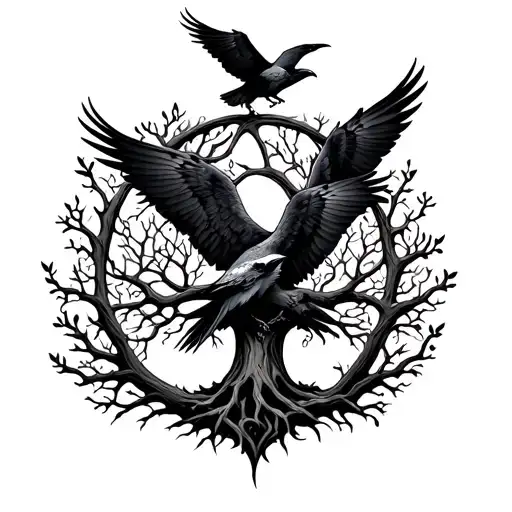 Tree Of Life And Odin Ravens Flying