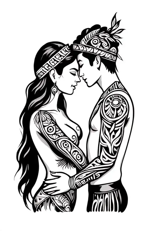 Man And Woman Embracing In Polynesian Tribal Patterns
