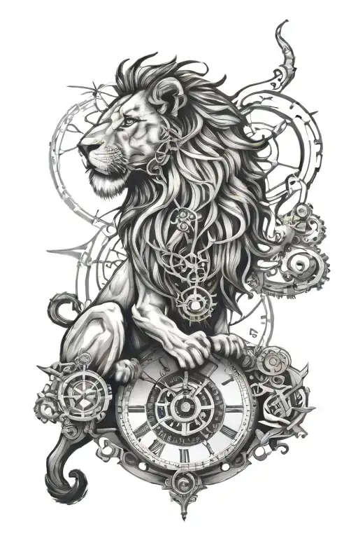 Lion With Broken Clock Mechanism Intertwined