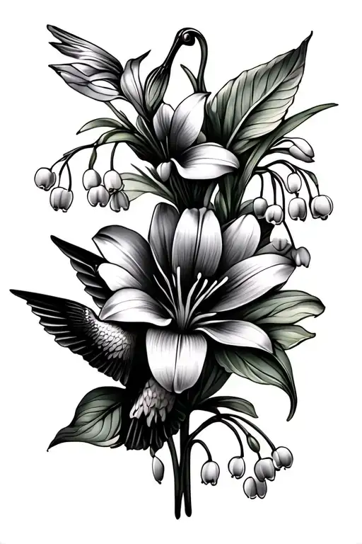 Lily Of The Valley Flower And Cosmo Flowers With Hummingbird And Half Mandela