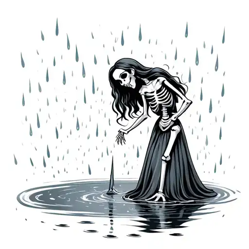 Skeleton Princess Standing In A Rain Puddle Reaching For Help