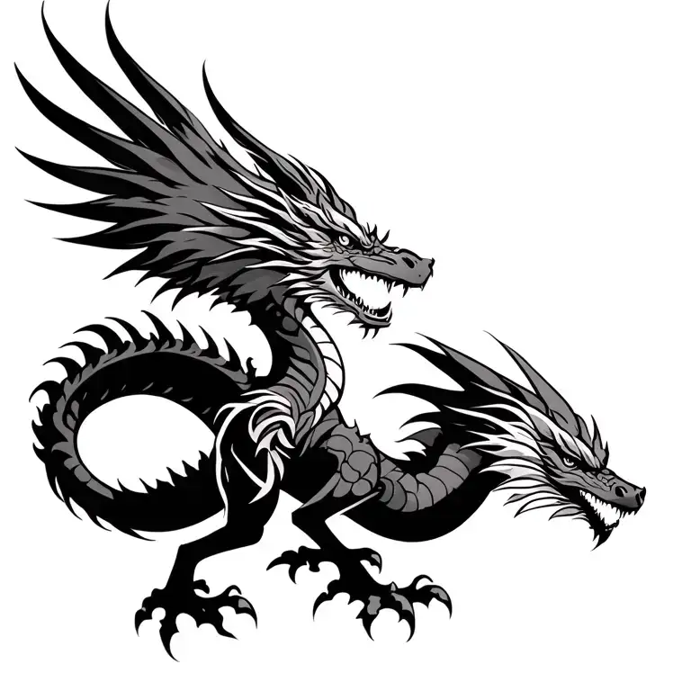 Fierce Dragon And Phoenix Battling With Polynesian Tribal