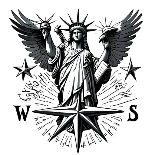 Statue Of Liberty With Eagle And Compass Rose Intertwined