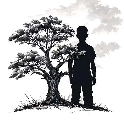 A Boy Standing By A Tree But Has The Shadow Of A Man
