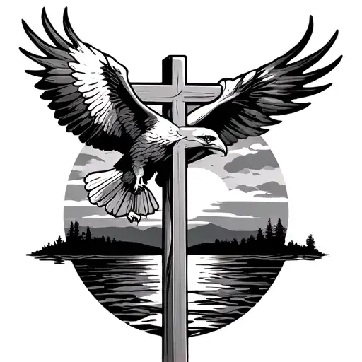 Cross With Sunset And Eagle Soaring In Background