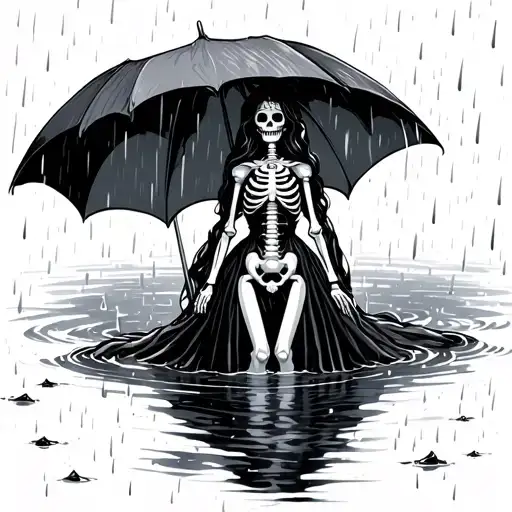 Skeleton Princess Standing In A Rain Puddle