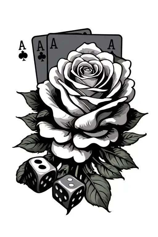4 Aces Cards Intertwined With A Rose With Dice And Somthing To Simbolise Risk Takeing