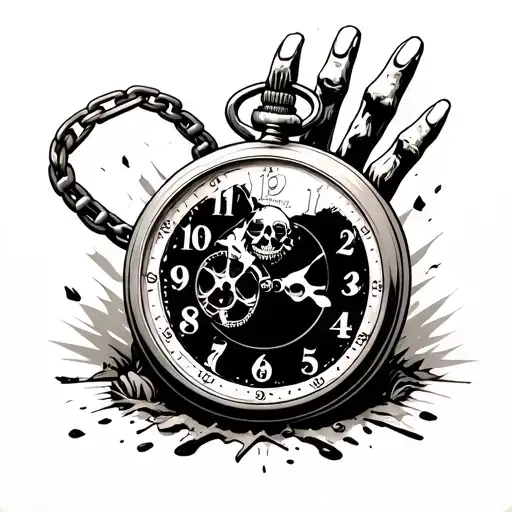 Pocket Watch With Broken Chain Skeleton Hand Reaching Out Of Ground Background Gravyard
