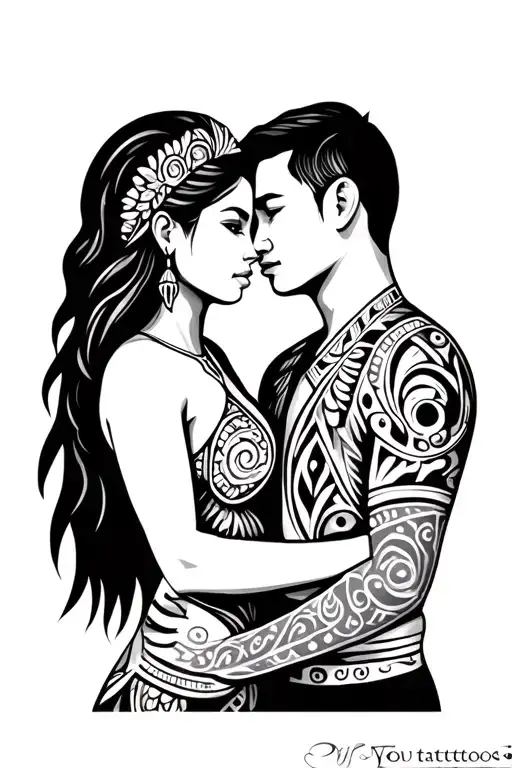 Man And Woman Embracing In Polynesian Tribal Patterns