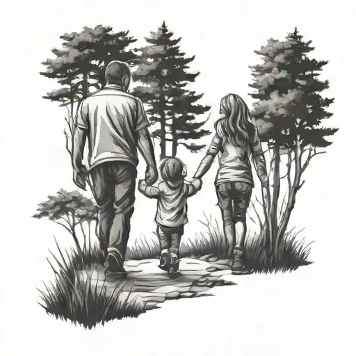 Father Son And Daughter Walking In The Woods Holding Hands