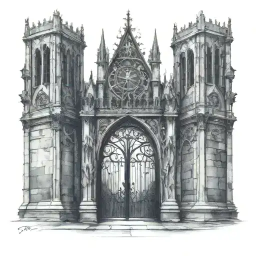 Gothic Cathedral Castle Gate With 2 Cloaked Hooded Entities On Both Sides