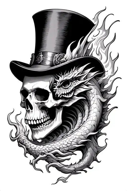Skull With Top Hat And Dragon Breathing Fire