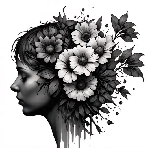 Fine Line Wilting Flowers Coming Out Of A Head