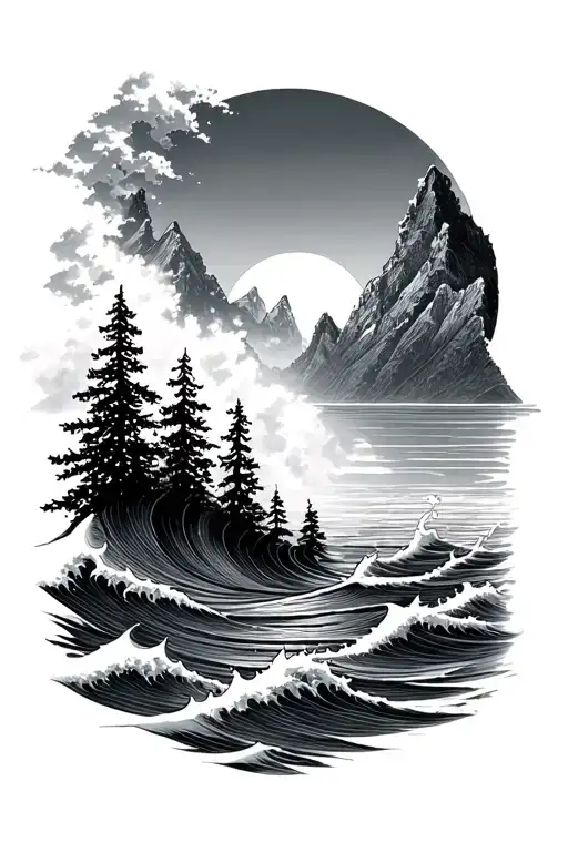 Sun Mountains Sea Waves And Pine Tree Made