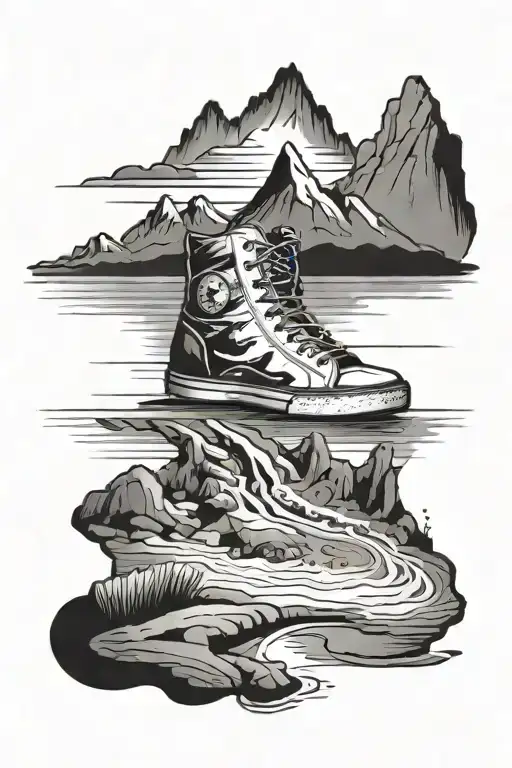 Beach Scene With Foot Stepping And Mountains In The Background