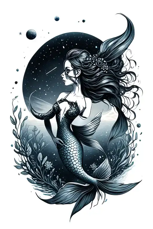 Mermaid And Diver In The Space Cosmo Cybepunk