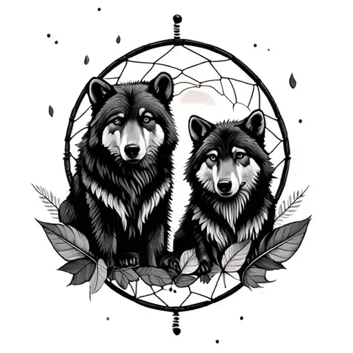 Dreamcatcher Bears Wolves Paws Feathers Leafs Sunset Nature Cubs