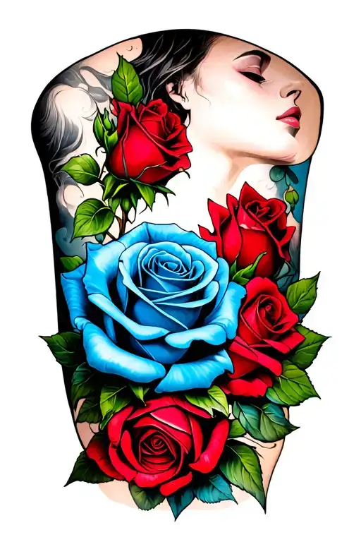 Blue Rose Intertwined With A Red Rose Moving Up Arm Towards Neck