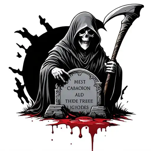 Black And White Traditional Tattoo Style Grim Reaper With Headstone And Scythe With Blood