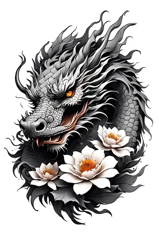 Asian Flowers And Dragon