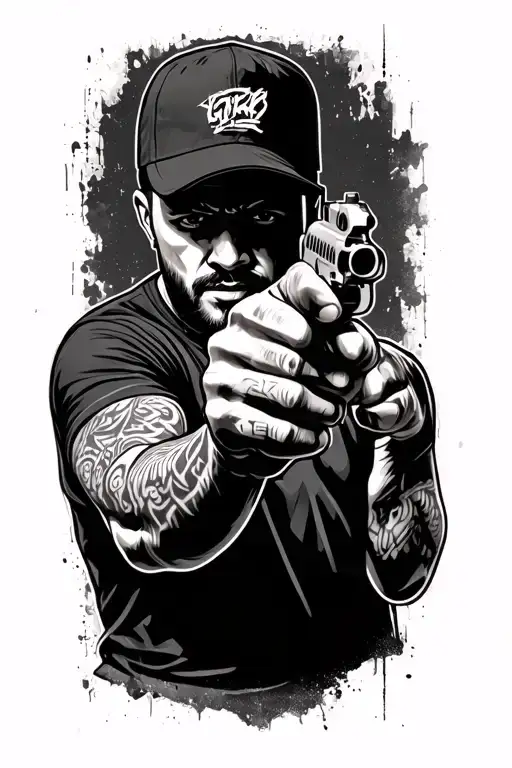 Gang Member With Pointing Gun And Arm Sleeve