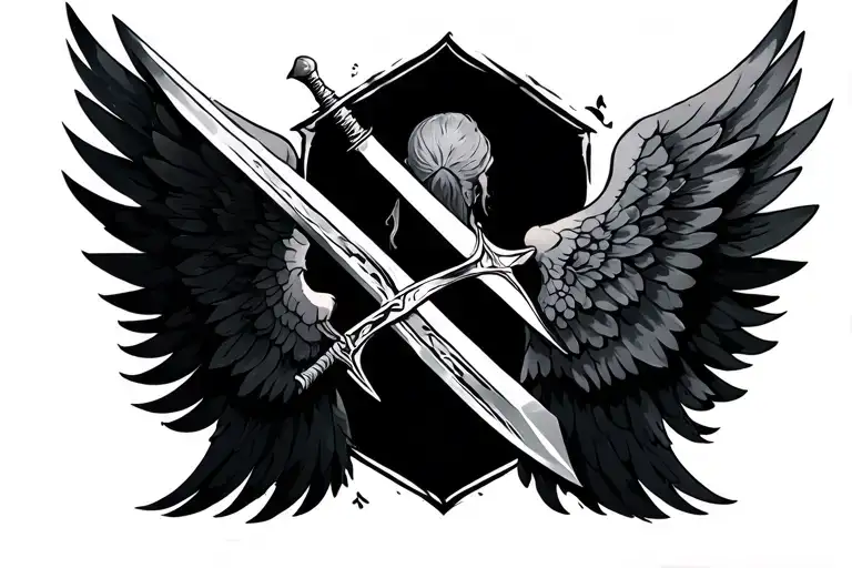 Upper Back Tattoo Using Wings And A Sword