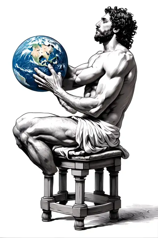 Atlas Holding Earth On His Shoulders While Looking Forward And Down On A Pedi Stool