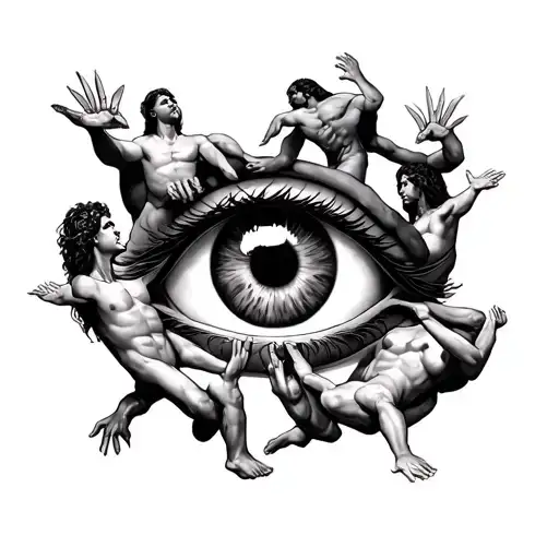 A Tattoo Of People Reaching The Evil Eye And Servants Of Jesus Stopping Them