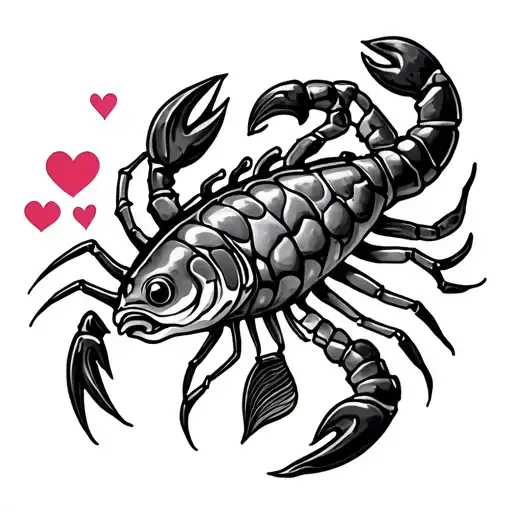 Fish And Scorpion With Hearts Line