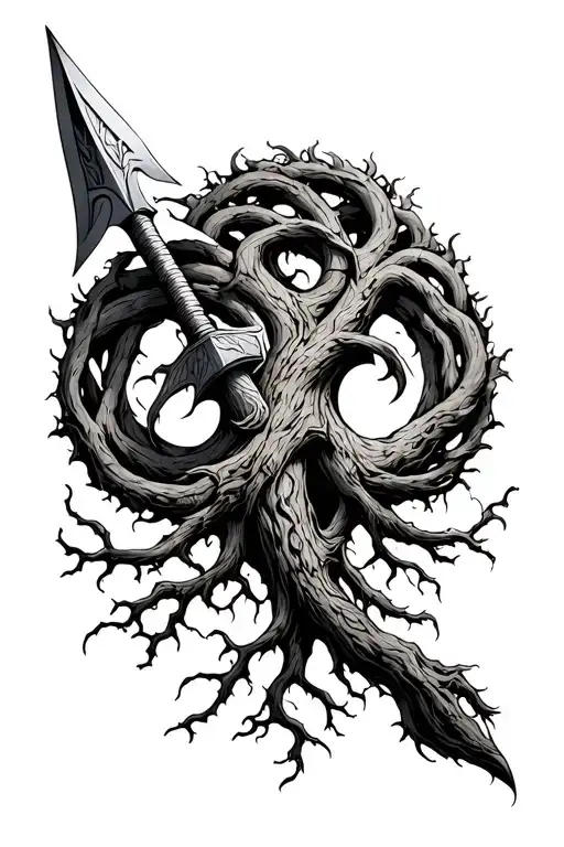 Yggdrasil With The Roots Of The Tree Intertwined With The Handle Of The Spear Of Odin