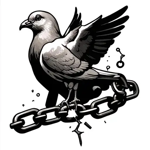 Dove Holding A Broken Chain And A Silhouette Of A Man Holding A Toddler Boy's Hand