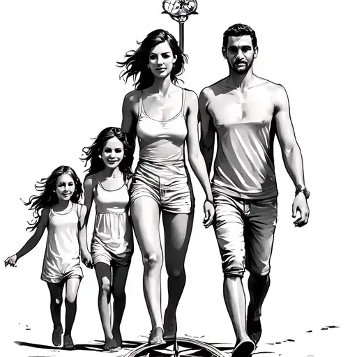 Father And Mother And Two Daughter In The Middle Walking In The Sun With Compass Under Them