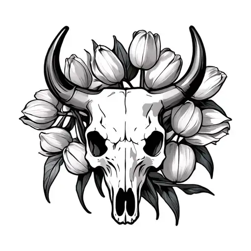 Bull Skull Outline With Tulip Flowers Wrapped Around It On The Back Of For Arm