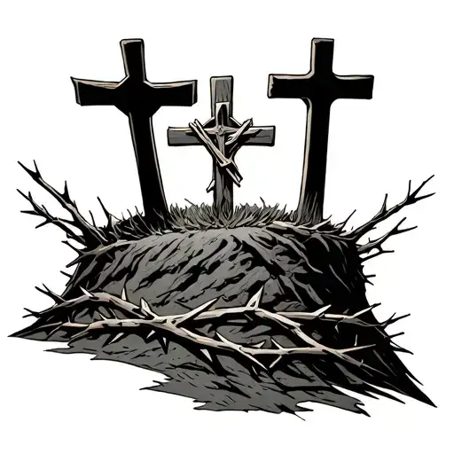 3 Crosses In A Line On A Hill With A Crown Of Thorns