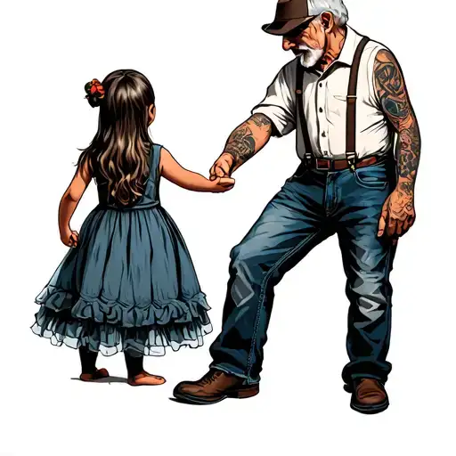 Grandpa Wearing Jeans And Suspenders Holding Little Girls Hand With Backs Showing