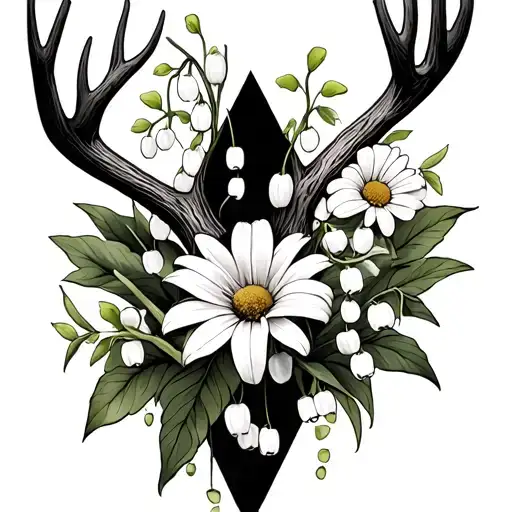 Antlers With Daisy And Lily Of The Valley Flower