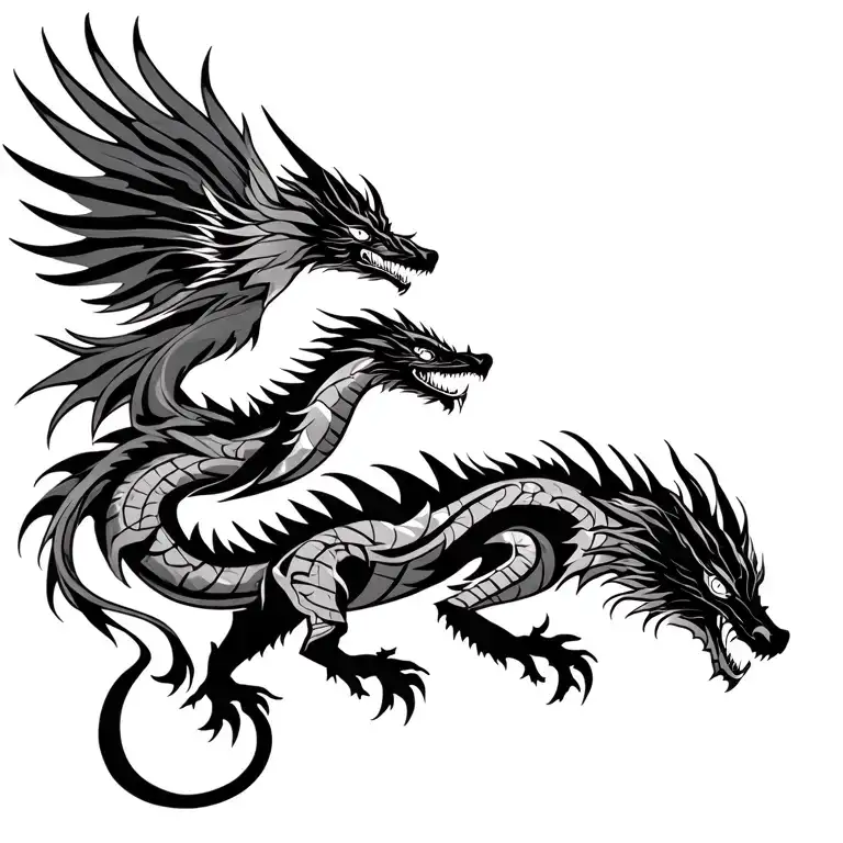 Fierce Dragon And Phoenix Battling Through Polynesian Tribal