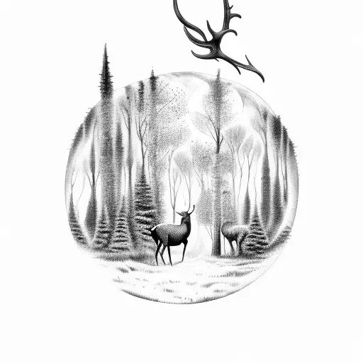 Forest With Deer And Moon